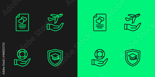 Set line Graduation cap with shield, Lifebuoy in hand, Marriage contract and Plane icon. Vector