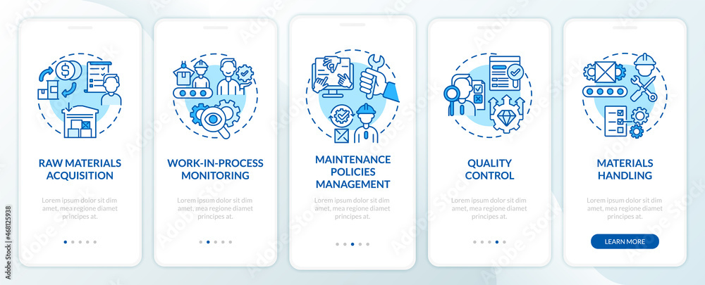 Operations managers duties blue onboarding mobile app page screen. Business walkthrough 5 steps graphic instructions with concepts. UI, UX, GUI vector template with linear color illustrations