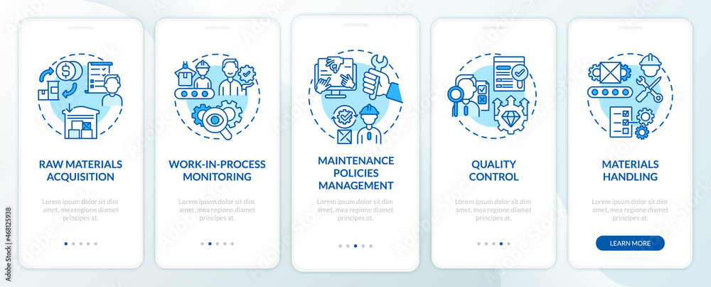 Operations managers duties blue onboarding mobile app page screen. Business walkthrough 5 steps graphic instructions with concepts. UI, UX, GUI vector template with linear color illustrations Operations managers duties blue onboarding mobile app page screen. Business walkthrough 5 steps graphic instructions with concepts. UI, UX, GUI vector template with linear color illustrations