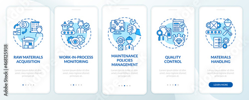 Operations managers duties blue onboarding mobile app page screen. Business walkthrough 5 steps graphic instructions with concepts. UI, UX, GUI vector template with linear color illustrations