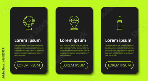 Set line Round makeup mirror, Smiling lips and Lipstick. Business infographic template. Vector