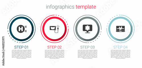 Set Hospital signboard, Ultrasound, Medical symbol of the Emergency and Laptop with cardiogram. Business infographic template. Vector