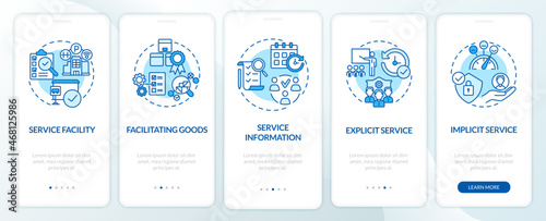 Service characteristics blue onboarding mobile app page screen. Operation management walkthrough 5 steps graphic instructions with concepts. UI, UX, GUI vector template with linear color illustrations