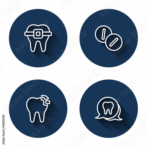 Set line Teeth with braces, Toothache painkiller tablet, Broken tooth and with long shadow. Blue circle button. Vector