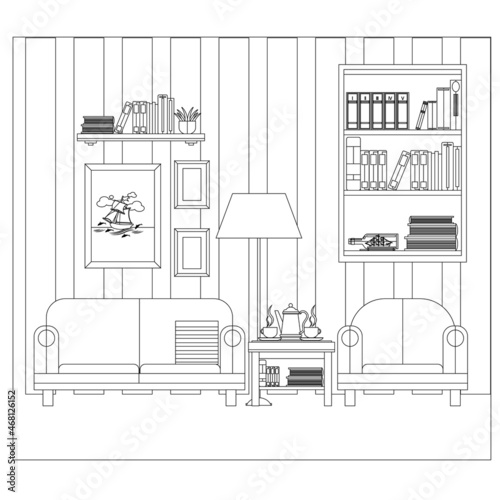 Living room with sofa, wardrobe and books. Vector illustration coloring book.