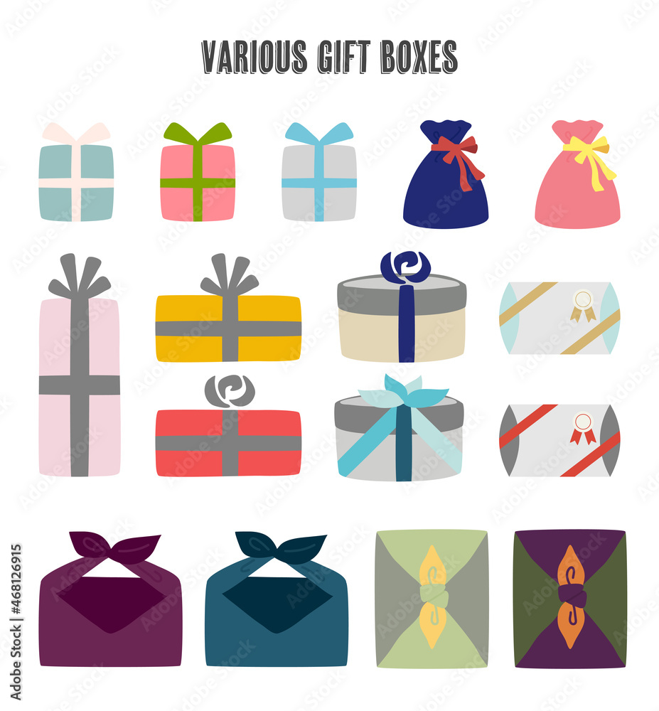 リボンが付いた箱や風呂敷包みなどの様々なプレゼントのベクターイラスト素材 Stock ベクター Adobe Stock