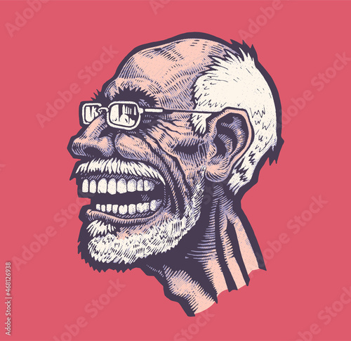The old man with glasses laughs unkindly. A noisy, disagreeable old troll. Vector illustration