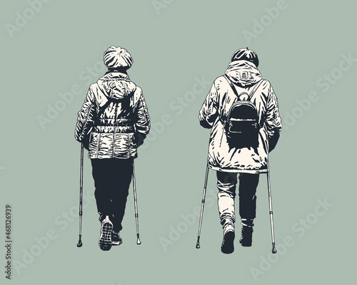 Two elderly women are walking with Nordic walking sticks. Active retirement age. Vector illustration
