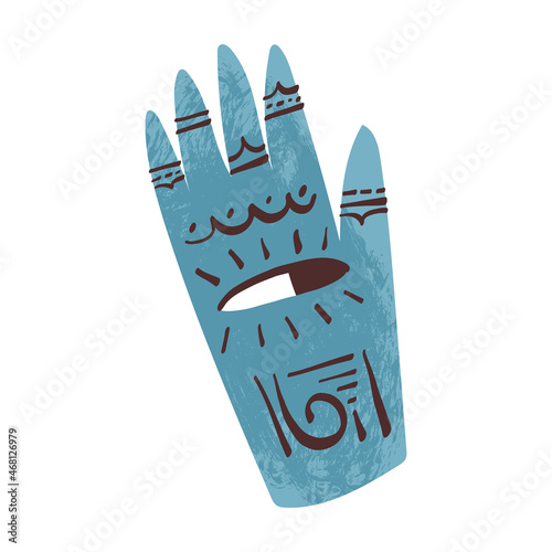 Esoteric, mystic, chiromancy hamsa lucky charm or a hand amulet with all-seeing eye and ritual henna tattoos.
