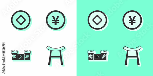 Set Japan Gate, Chinese Yuan currency, Great wall of China and icon. Vector