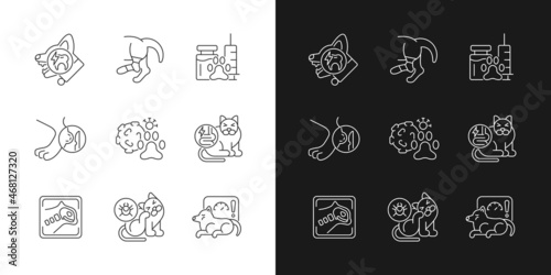 Pet physical injuries linear icons set for dark and light mode. Domestic animal disease. Infectious parasites. Customizable thin line symbols. Isolated vector outline illustrations. Editable stroke