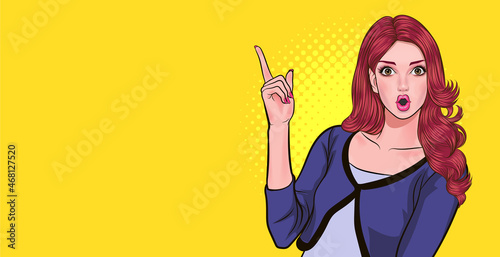 woman looking and point her hand tospace