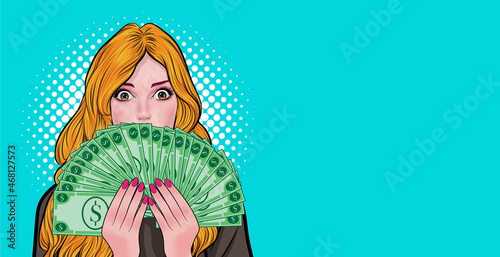 woman surprised face wow show lot of money in hands