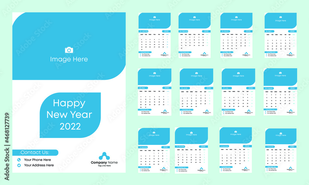Creative Blue Wall Calendar 2022, 12 Months Template, Start From Monday