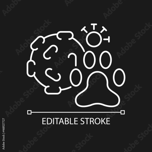 Animal virus white linear icon for dark theme. Small infectious agent. Pet disease. Viral infection. Thin line customizable illustration. Isolated vector contour symbol for night mode. Editable stroke