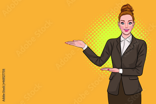 business woman in suit making a gesture to present something