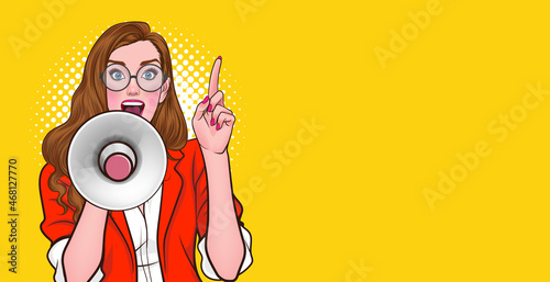 business woman in glasses with megaphone saying something