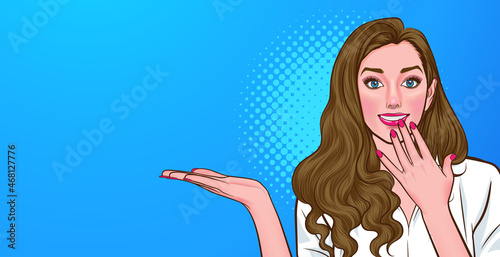 business woman present somting and hand on lips silence gesture