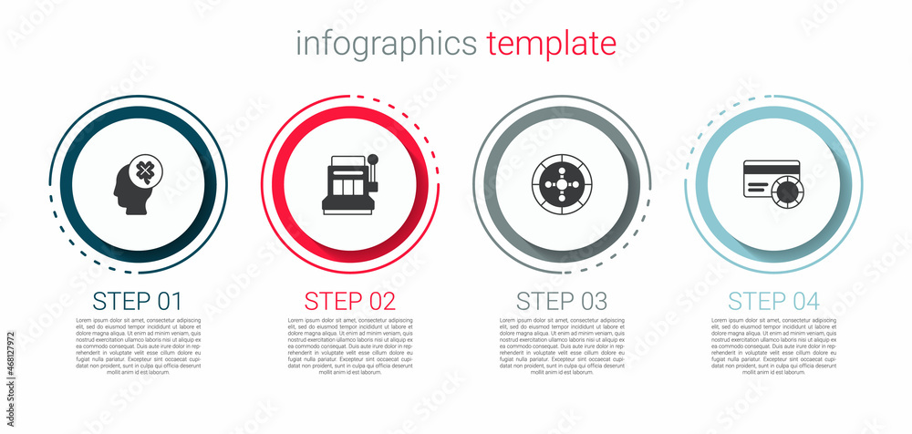 Set Casino slot machine with clover, Slot, roulette wheel and Credit card. Business infographic template. Vector Set Casino slot machine with clover, Slot, roulette wheel and Credit card. Business infographic template. Vector
