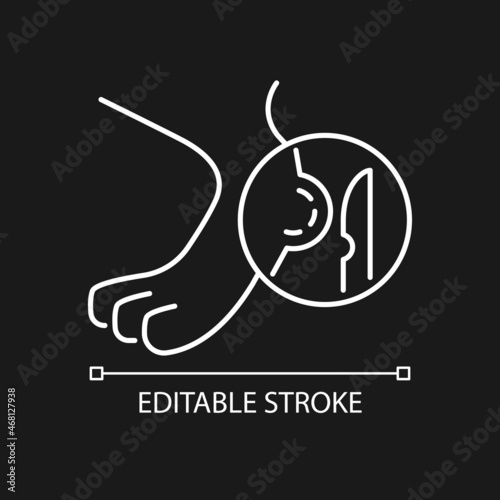 Lipoma white linear icon for dark theme. Fat composed benign tumors. Pet disease. Fatty lump. Thin line customizable illustration. Isolated vector contour symbol for night mode. Editable stroke