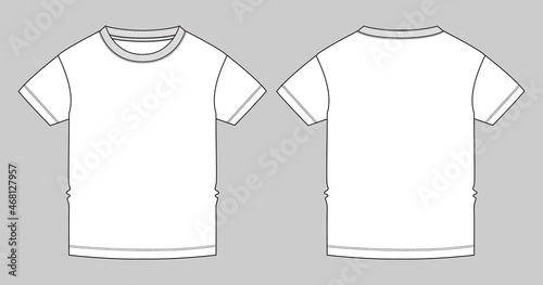 Short sleeve Basic T-shirt technical fashion flat sketch vector Illustration template front and back views. Basic apparel Design Mock up for Kids, boys Isolated on Grey background.