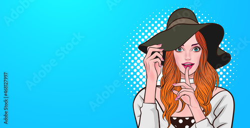 smile woman with hat finger on lips silence gesture