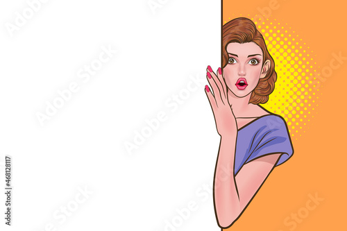 surprise woman is peeking behind a white board
