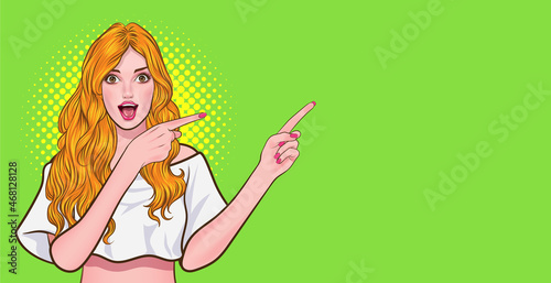 surprised  woman pointing her hands to something