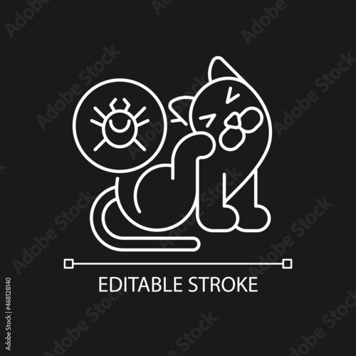 Fleas and ticks white linear icon for dark theme. Animal parasites. Infectious diseases carriers. Thin line customizable illustration. Isolated vector contour symbol for night mode. Editable stroke