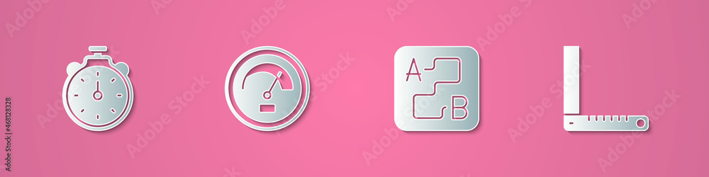 Set paper cut Stopwatch, Speedometer, Route location and Corner ruler icon. Paper art style. Vector Set paper cut Stopwatch, Speedometer, Route location and Corner ruler icon. Paper art style. Vector