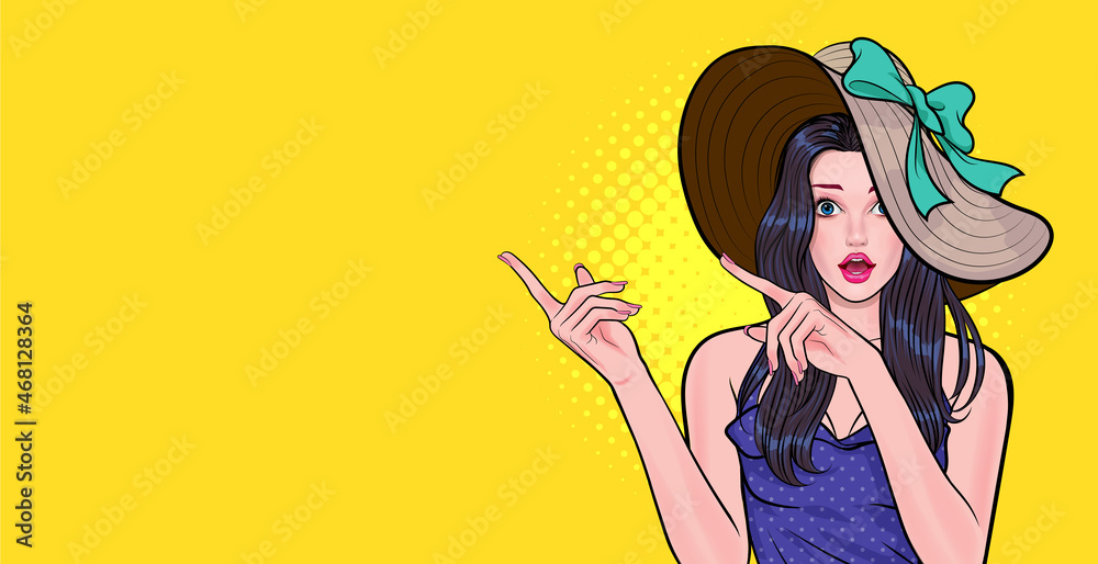 surprised woman with big hat looking and point her hand to space surprised woman with big hat looking and point her hand to space