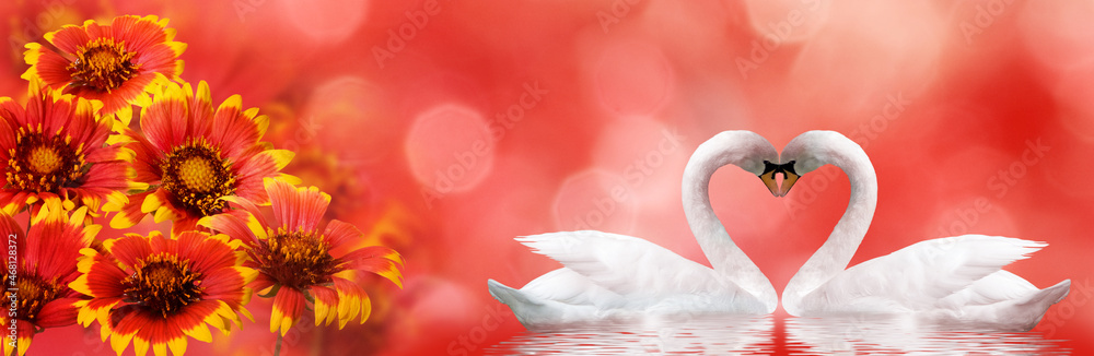 Naklejka premium beautiful festive flowers and two swans