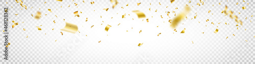 Falling shiny gold confetti. Confetti frame on long background. Anniversary celebration banner. Bright golden festive tinsel. Birthday party backdrop. Holiday design elements. Vector illustration photo