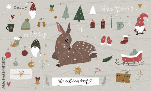 Vintage Christmas poster from New Collection. More than 40 Cozy Christmas Elements Scandinavian Style.