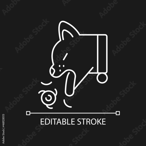 Hairballs white linear icon for dark theme. Cats grooming by product. Stomach content vomiting. Thin line customizable illustration. Isolated vector contour symbol for night mode. Editable stroke
