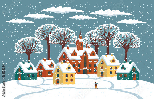 Snowy winter landscape with cute colored houses, snow-covered trees and a lonely passerby. Beautiful vector illustration, greeting card or decorative banner in cartoon style
