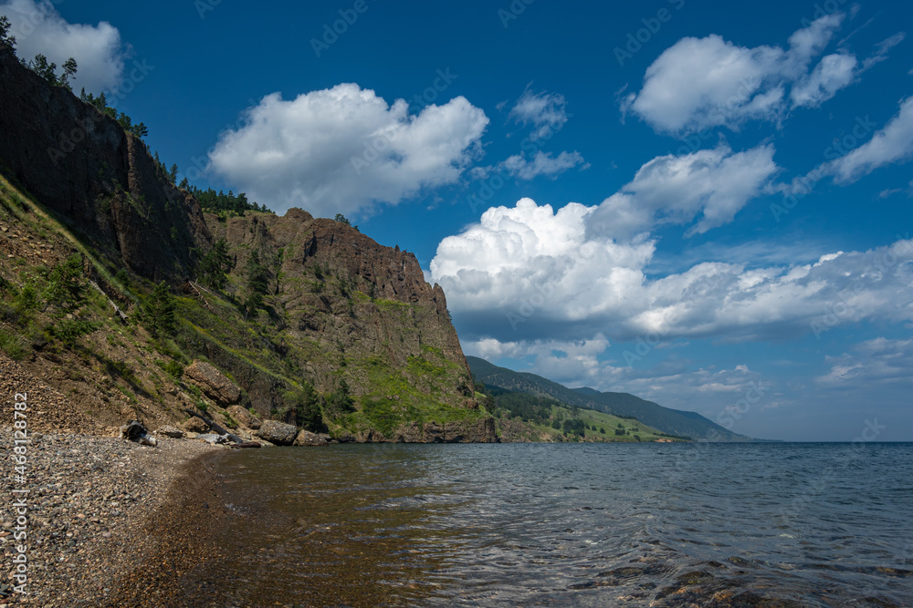 View of the seagull cliff in the Devil's Bridge tract on the shore of Lake Baikal
