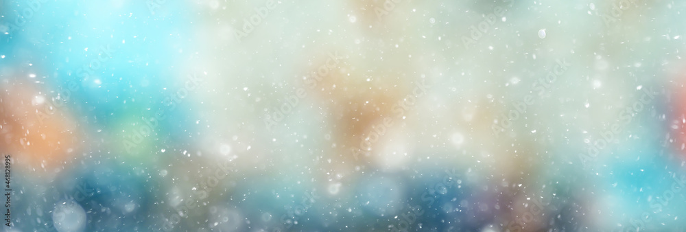 colorful background snow snowfall evening christmas lights, soft light blurry - obrazy, fototapety, plakaty 