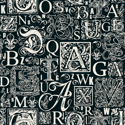 Black and white seamless pattern with hand-drawn initial and capital letters. Repeating vector background with alphabet letters in vintage style. Suitable for wallpaper, wrapping paper, fabric design