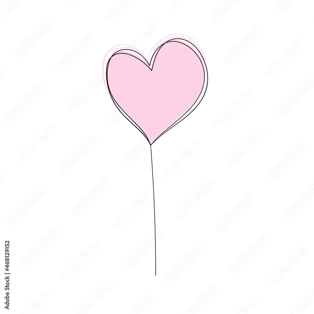 Vector illustration in the style of line art for Valentine's Day. Candy heart on a stick. Pink lollipop or  balloon. EPS 10.