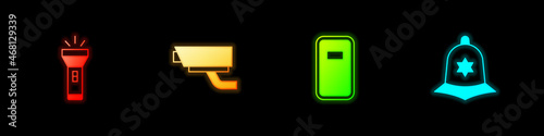 Set Flashlight, Security camera, Police assault shield and British police helmet icon. Vector
