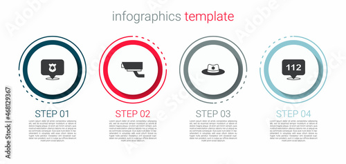 Set Police badge, Security camera, Sheriff hat with and Telephone call 112. Business infographic template. Vector