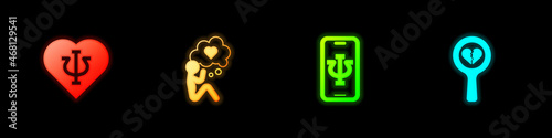Set Psychology, Psi, Head with heart, Psychologist online and Broken or divorce icon. Vector