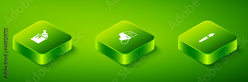 Set Isometric Car painting, Paint brush and bucket with icon. Vector