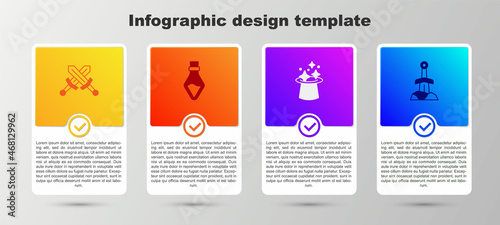 Set Crossed medieval sword, Bottle with potion, Magic hat and Sword in the stone. Business infographic template. Vector