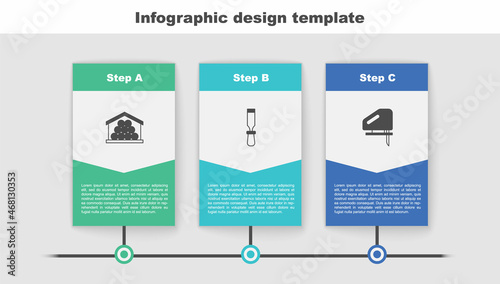 Set Wooden logs, Chisel tool and Electric jigsaw. Business infographic template. Vector