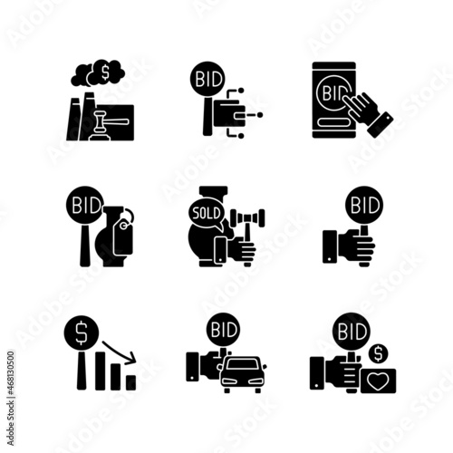 Types of auctions black glyph icons set on white space. Auctioneer and participants. Bidding for vehicles and fine art. Selling property and antique. Silhouette symbols. Vector isolated illustration