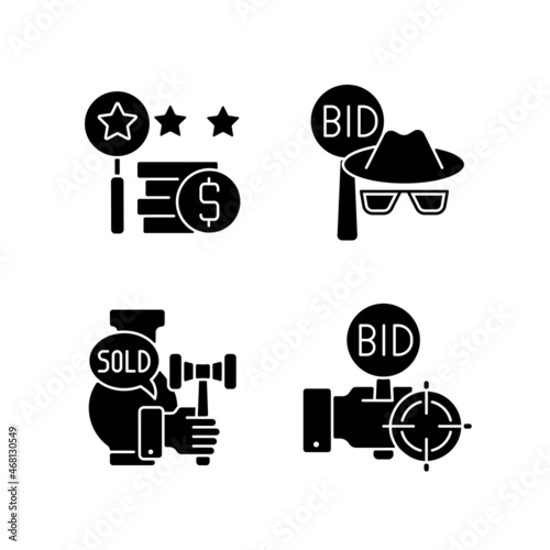 Auction components black glyph icons set on white space. Silent bidding. Auction sniping. Auctioneer. Appraisal process. Selling property and antique. Silhouette symbols. Vector isolated illustration