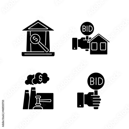 Bargaining for property black glyph icons set on white space. Real estate selling. Emission auction. Auction house. Selling property and antique. Silhouette symbols. Vector isolated illustration