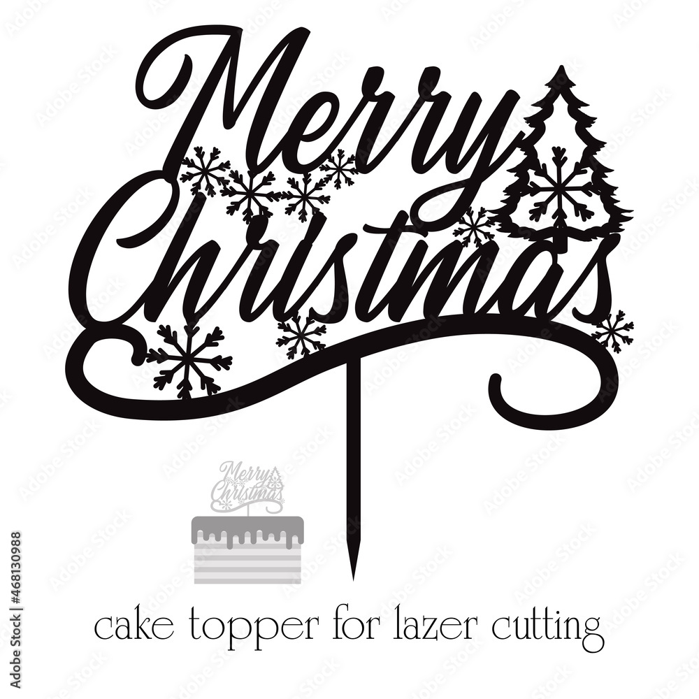 sign-merry-christmas-cake-topper-for-laser-or-milling-cut-suitable-for-cakes-wreaths-or-bouquets-vector-laser-cut-template-merry-christmas-with-snowflakes-for-laser-and-paper-cutting-stock-vector